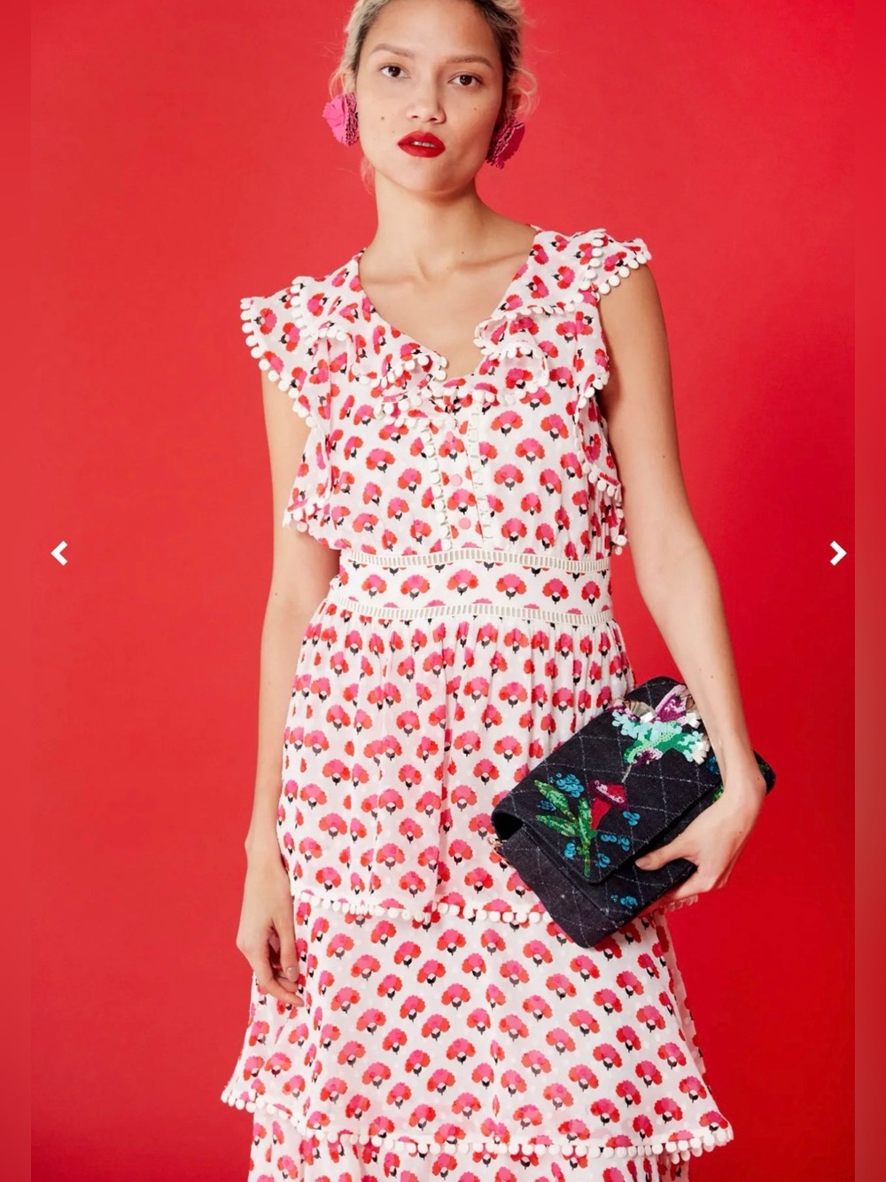 kate spade x The Madison Ave collection Fan 🪭Print 100% silk Pom-Trim Midi Dress